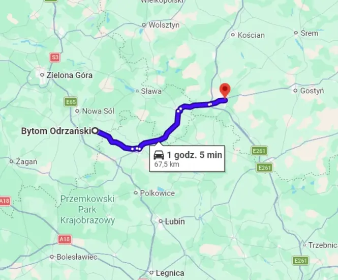 Mapa dojazdu Leszno – Bytom Odrzański