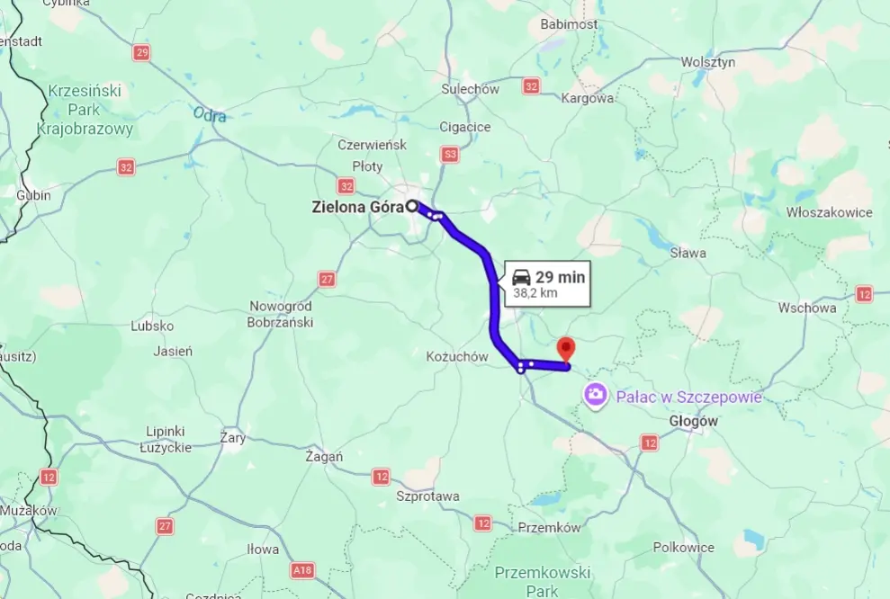 Mapa dojazdu Zielona Góra – Bytom Odrzański